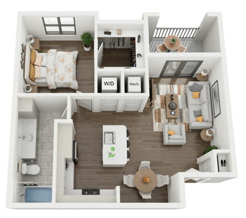 Floor plan for 1 bed, 1 bath, 750 sqft